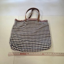 Boon Supply Navy Gingham Cotton Tote Bag Leather Handles Checkered Print picture