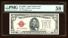 DBR 1928-E $5 Legal STAR Fr. 1530* PMG 58 EPQ Serial *07749896A picture