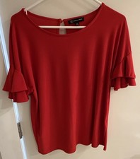 INC International Concepts Women’s Red Solid Ruffle Round Neck Pullover Top M picture