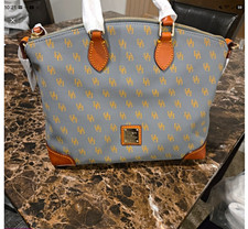 Dooney & Bourke Blue Monogram Zip Satchel Top Handle Bag Gold Hardware Studs picture