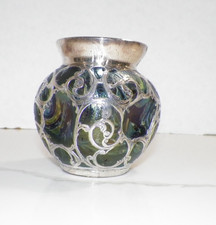 ANTIQUE STERLING OVERLAY LOETZ IRRIDESCENT GLASS VASE 3 1/2