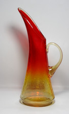 KANAWHA Vintage Crackle Amberina Glass Vase Pitcher Red Yellow, 12