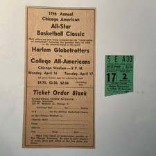 1956 Harlem Globetrotters v. College All-Americans ticket stub + newspaper ad/EX picture