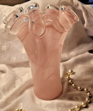 Gorgeous  Murano Pale Pink Ruffle Top Hand Made Glass vase, Italy  11.5