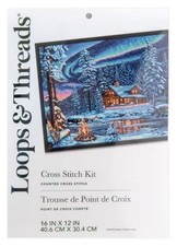 Loops & Threads Counted Cross Stitch Kit Northern Lights Cabin Snow Winter picture