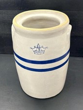Antique 3 Gallon Stoneware Crock Crown 3 USA Mark Blue Bands Lug Handles picture