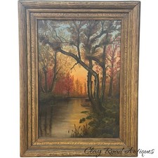 Antique 19th C American Romantic Oil Painting Autumn River Landscape Baltimore picture