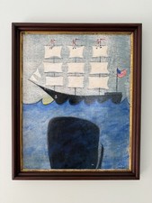 FOLK ART whale painting Nautical maritime  Antique frame Coastal decor Ship Art picture