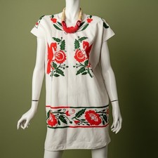 Vintage 70s Shift Dress Handmade Anthropologie Embroidered Mexican Style Birds picture
