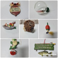 Lot of 7 Unique Vintage Fishing Ornaments-Bobbers , Boat ,Creel,and Signs Decor picture