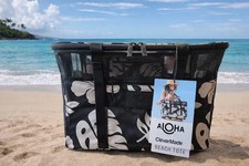 Aloha Collection CleverMade Collapsible Beach Tote Bag Fold Flat Mesh Black picture