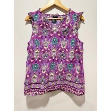 Talbots Purple Paisley Floral Flutter Sleeve 100% Cotton Blouse Top Large picture