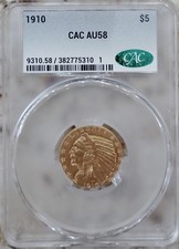 1910 $5 gold Half Eagle, CAC AU-58, exceptional for the grade picture