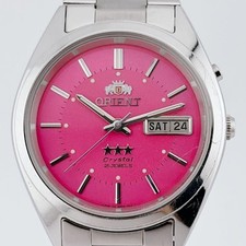 Orient Three Star Automatic Watch Pink Dial Day Date Used Rare picture