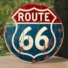 Vintage Route 66 Metal Sign Round Retro Distressed Highway Wall Hanging Decor picture