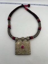 Vintage Kuchi Banjara Afghan Tribal Square Pendant Necklace Pink Stone Cord picture