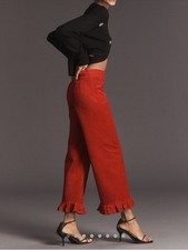Anthropologie Maeve The Colette Crop Velvet Ruffle-Hem Pants in Red - Size 34 picture