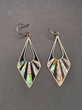 Vintage Earrings Alpaca Mexico Abalone Shell Inlay Black Kite Dangle Silver Tone picture