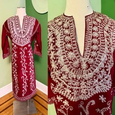 Vtg Moroccan Kaftan Kimono Dress Red Velvet Embroidered Beads Wedding Maxi XL picture