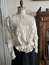 Antique Victorian Edwardian Ivory Silk Lace Blouse High Neck Puff Sleeve 28W picture