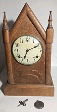 Antique Wooden Cathedral Clock Mantel W.M. L. GILBERT Clock Co USA W/ Key picture