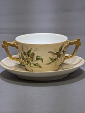 Antique T&V Limoges France two Gold Handled Bouillon Cup& Saucer  Nut Berry 1892 picture