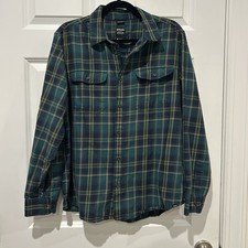 prAna Edgewater Flannel Shirt Mens Medium M Green Plaid Long Sleeve 1964351 picture