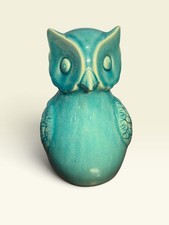 Vintage MCM Turquoise Or Teal Ceramic Owl 7.5” Crackle Glaze picture