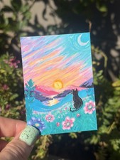 ACEO PRINT Limited Edition Painting Cat Whimsical Landscape Art shaped.by.sykes picture