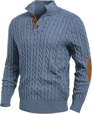 Men's Cable Knit Sweater Pullover Long Sleeve Stand Collar Button Casual Warm picture