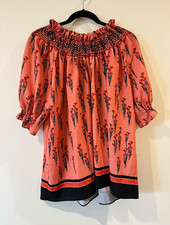 Loretta Caponi 2- Pc Floral Smocked Silk Crepe Blouse Skirt Tie 3/4, 1 picture