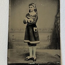 Antique Tintype Photograph Adorable Little Girl Unique Attire Tinted Blue Socks picture