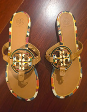 Tory Burch Tan Leather Thong Sandals Slip On Logo Geometric Trim US 11 picture