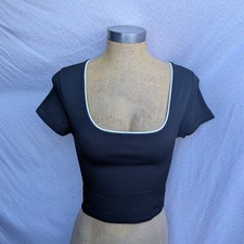 Athleta Ribbed Crop Top Womens Black Excellent Square Neck Short Sleeve S picture