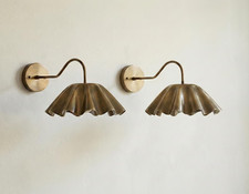2 X Vintage Brass Ruffle Shade Mid Century Modern Brass Flower Shade Wall Sconce picture