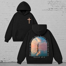 Isaiah 43:2 Cross Graphic Vintage Washed Unisex Christian Hoodie picture