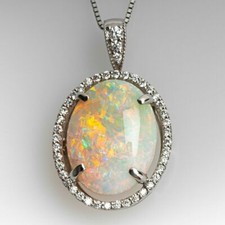Gorgeous 2Ct Oval Cut Fire Opal Halo Pendant 14K White Gold FN 18
