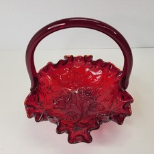 Vintage Fenton Ruby Red Cabbage Rose Glass Handled Basket Ruffled Edge Amberina picture