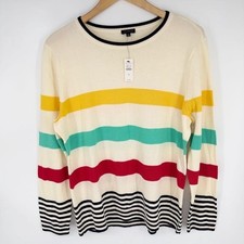 NEW Talbots Pima Cotton Crew Neck Pullover Sweater Women XL Ivory Stripe Coastal picture