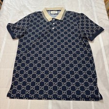 Gucci GG Cotton Polo Shirt Navy Blue Beige Collar Size XL Casual picture