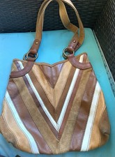 Vtg Lucky Brand Chevron Patchwork Leather suede Hobo Bag V-Stitch Y2K Boho picture