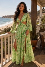 Rosevelvet Women's Green Floral V-Neck Long Sleeve Cutout Maxi Dress M RVD3608 picture