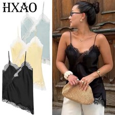 HXAO Asymmetrical Slip Top Women Summer 2025 Y2K Tanks & Camis Lace Black Off Sh picture