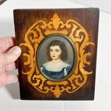Antique Miniature Portrait Painting Woman Porcelain Sorrento Inlaid Frame 19th C picture