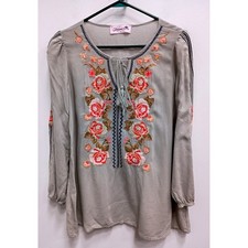 Glamour Farms Embroidered Blouse Womens S Gray Boho Floral Tassel Peasant Top picture