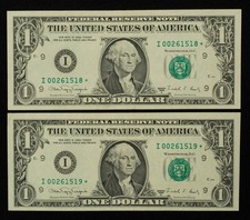 2 Consecutive 1988A $1 FRN Federal Reserve Notes - FR 1915I - Star Notes- CA2099 picture