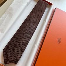 New Unused HERMES Neck Tie Brown Horsebit 100%Silk With Box Made in France picture