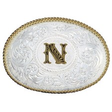 Montana Silversmiths Belt Buckle Men's Initial N Engraved Daily Wear Gold Trim picture
