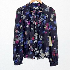 New Milly Tie Neck Silk Blouse Black Satin + Floral SZ 4 picture
