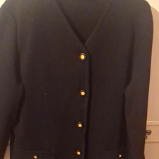 Vintage Jonelle 100% Wool Skirt Suit Set Black Gold Button Cardigan  18 picture